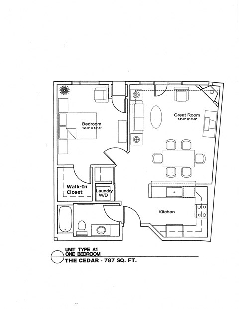 A floor plan of a one bedroom apartment with a laundry room and a walk-in closet.